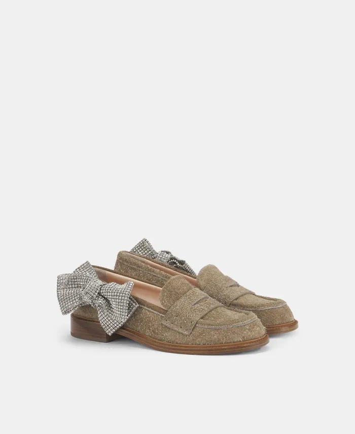 AGL Moccasin With Rhinestone Bow Taupe Olivia Ribbon Women Flats