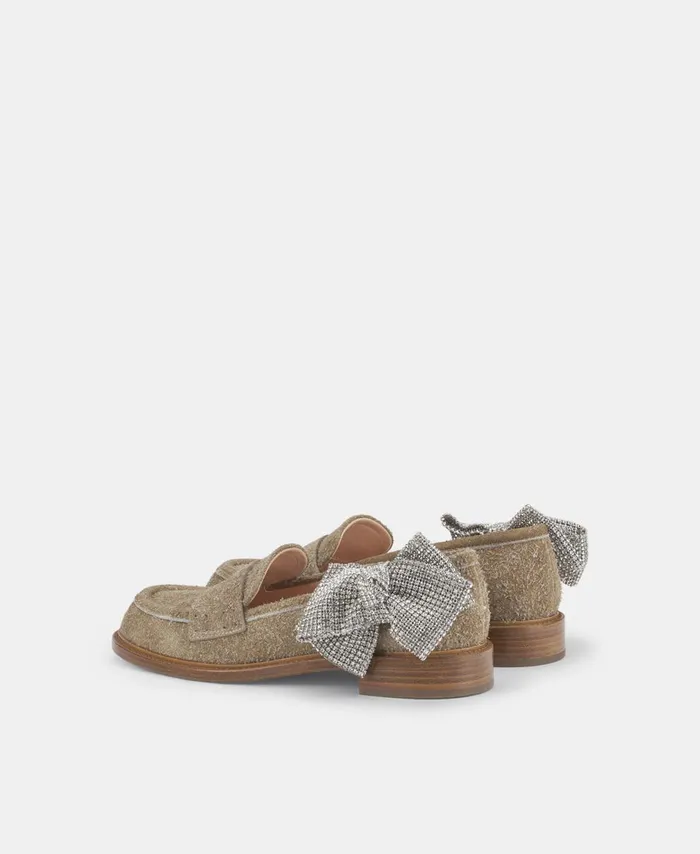 AGL Moccasin With Rhinestone Bow Taupe Olivia Ribbon Women Flats