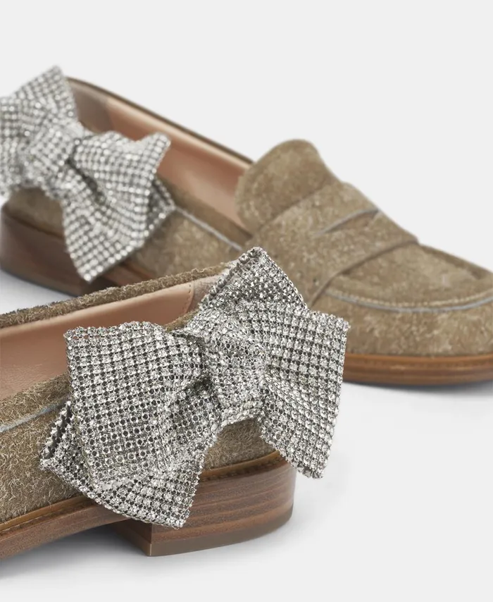 AGL Moccasin With Rhinestone Bow Taupe Olivia Ribbon Women Flats