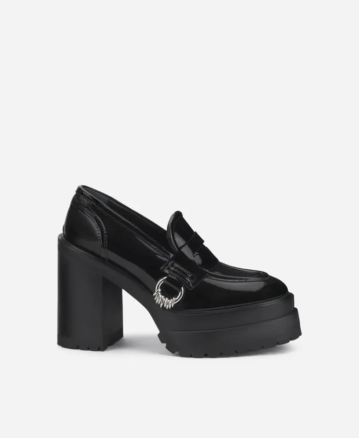 AGL Patent Leather Moccasin With Heel Black Tasky Women Heels