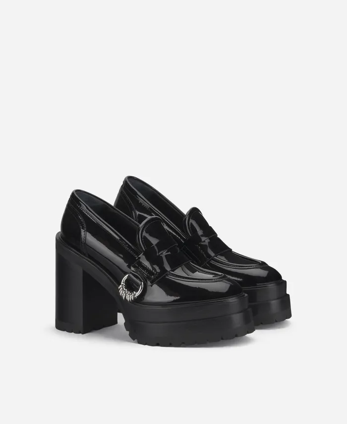 AGL Patent Leather Moccasin With Heel Black Tasky Women Heels