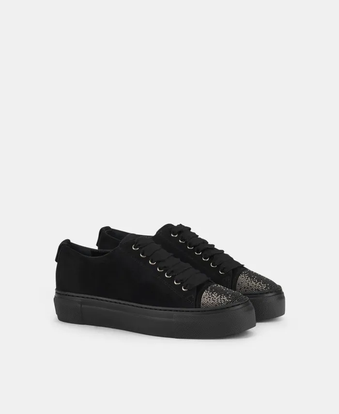 AGL Sneaker With Rhinestone Toe Cap Black Vananda Crystal Women Sneakers