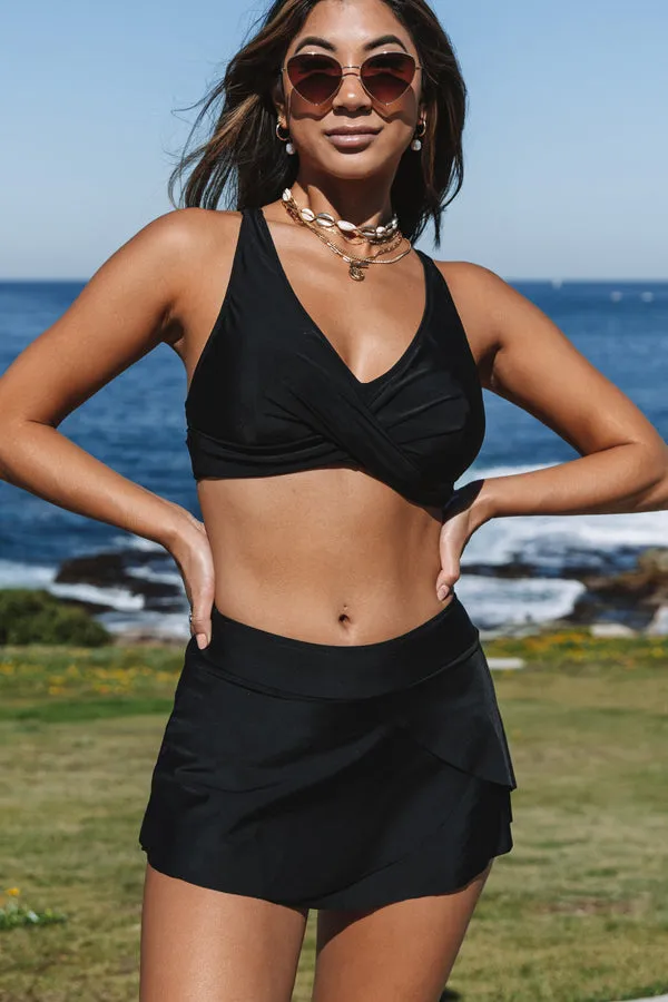 Beachsissi Bikini Women Black Twist Front Swim Skirt Bikini Set Black