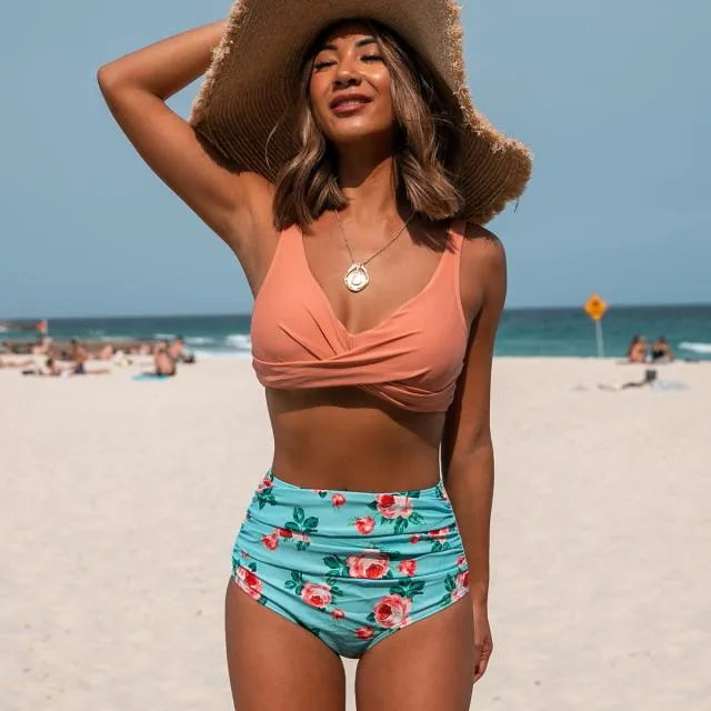 Beachsissi Bikini Women Cute Girl Criss Cross Front Ruched Design High Waisted Bikini Set Pink Beachsissi Bikini Women Cute Girl Criss Cross Front Ruched Design High Waisted Bikini Set Pink