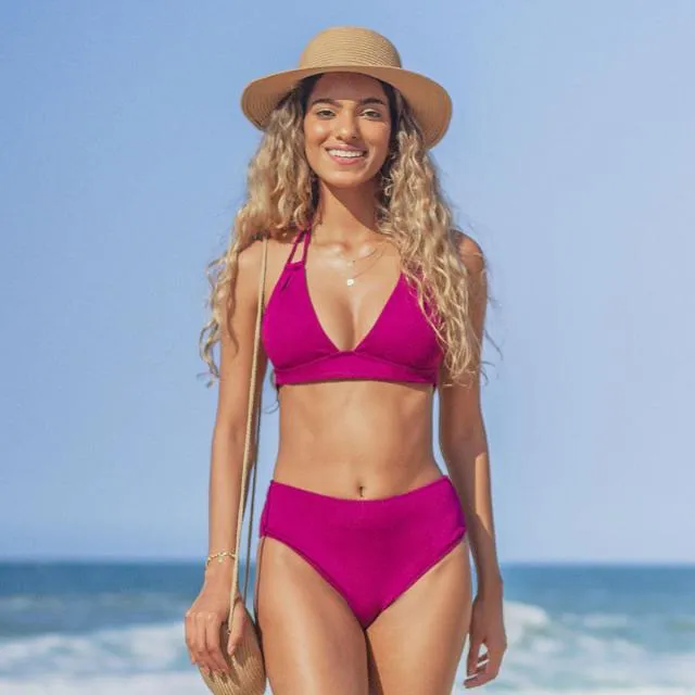 Beachsissi Bikini Women Halter Neck Solid Color High Waist Bikini Set Rose Red Beachsissi Bikini Women Halter Neck Solid Color High Waist Bikini Set Rose Red