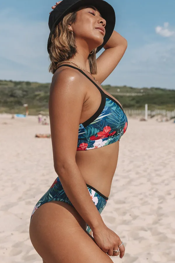 Beachsissi Bikini Women Lace Back Flower Print V Neck Bikini Set Blue