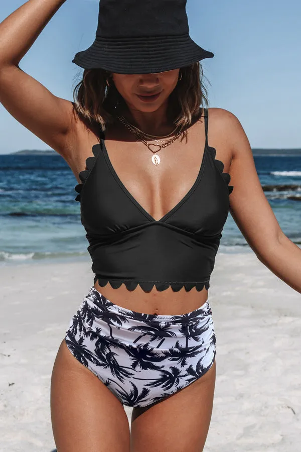 Beachsissi Bikini Women Leaf Print Scolloped Hem Ruched Bikini Set Black