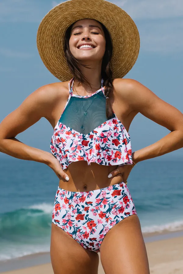 Beachsissi Bikini Women Mesh Panel High Waist Flower Print Bikini Set White