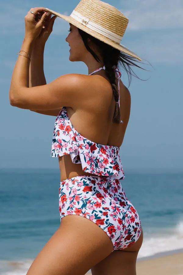 Beachsissi Bikini Women Mesh Panel High Waist Flower Print Bikini Set White