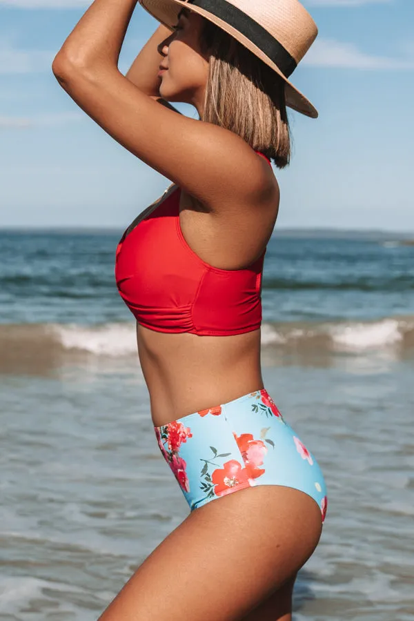 Beachsissi Bikini Women Red And Floral Print Criss Cross Back Bikini Set Red Beachsissi Bikini Women Red And Floral Print Criss Cross Back Bikini Set Red