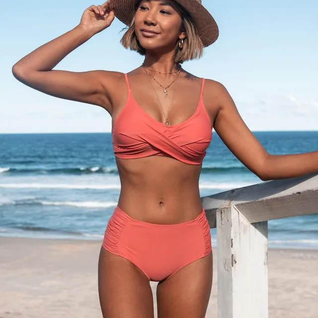 Beachsissi Bikini Women Solid Color Twist Front Ruched Side Bikini Set Pink