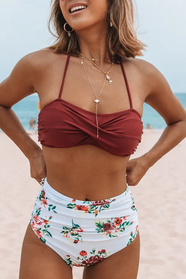 Beachsissi Bikini Women Twist Front High Waist Ruched Bikini Set Red
