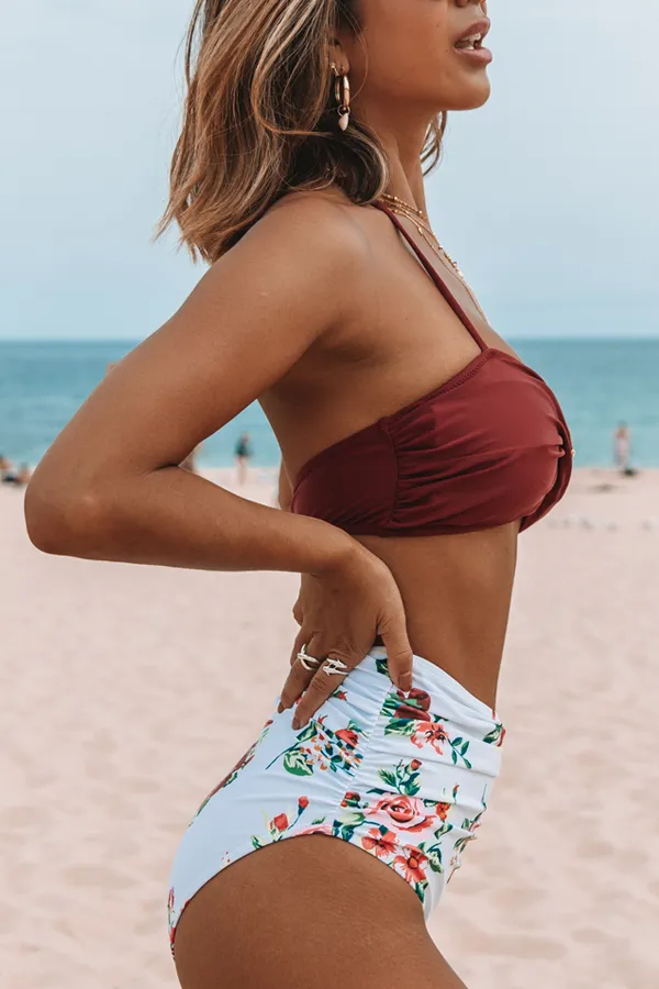 Beachsissi Bikini Women Twist Front High Waist Ruched Bikini Set Red