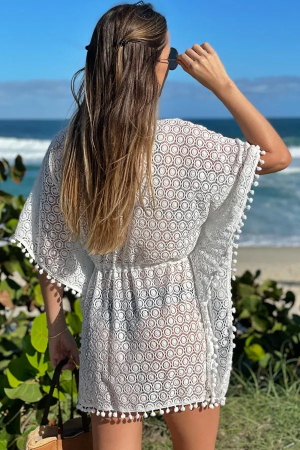 Beachsissi Cover Ups Women Pom Pom Drawstring Waisted Hollow Swimwear Cover Up White Beachsissi Cover Ups Women Pom Pom Drawstring Waisted Hollow Swimwear Cover Up White