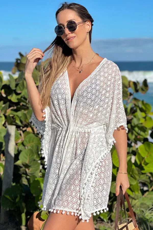 Beachsissi Cover Ups Women Pom Pom Drawstring Waisted Hollow Swimwear Cover Up White Beachsissi Cover Ups Women Pom Pom Drawstring Waisted Hollow Swimwear Cover Up White