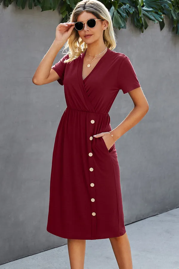 Beachsissi Dresses Women Button V Neck Short Sleeve Midi Dress Red
