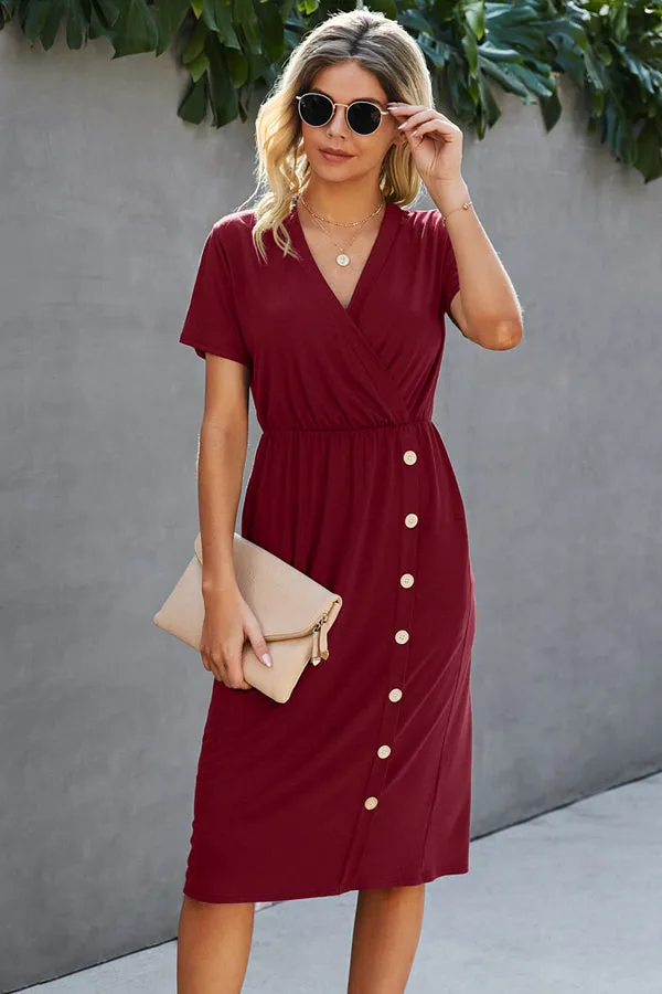 Beachsissi Dresses Women Button V Neck Short Sleeve Midi Dress Red
