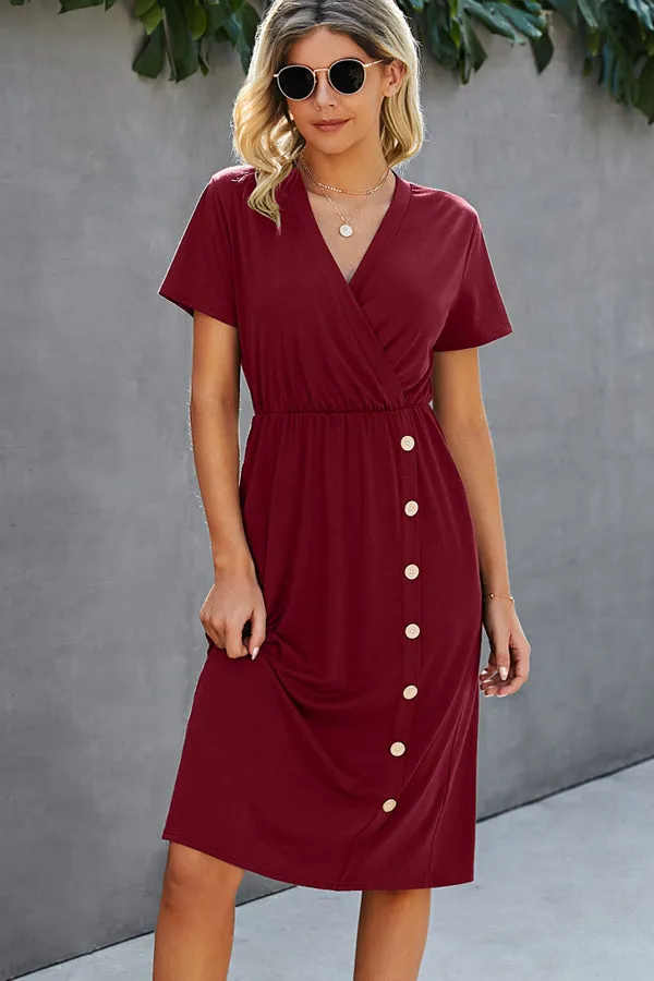 Beachsissi Dresses Women Button V Neck Short Sleeve Midi Dress Red