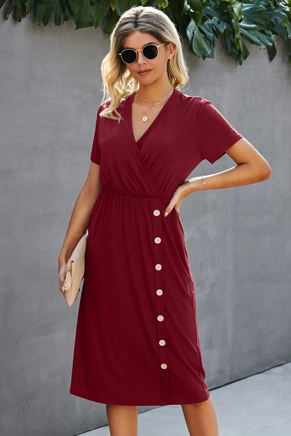 Beachsissi Dresses Women Button V Neck Short Sleeve Midi Dress Red