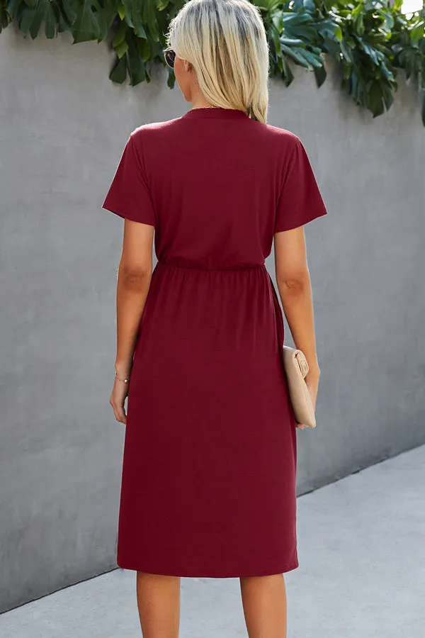Beachsissi Dresses Women Button V Neck Short Sleeve Midi Dress Red