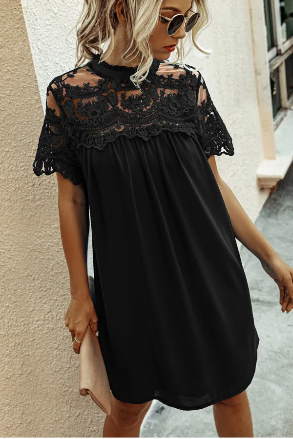 Beachsissi Dresses Women Chiffon Lace Solid Color Mini Dress Black