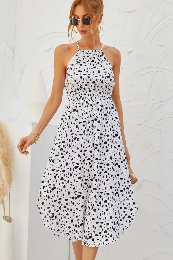 Beachsissi Dresses Women Dot Print Halter Neck Sleeveless Midi Dress White