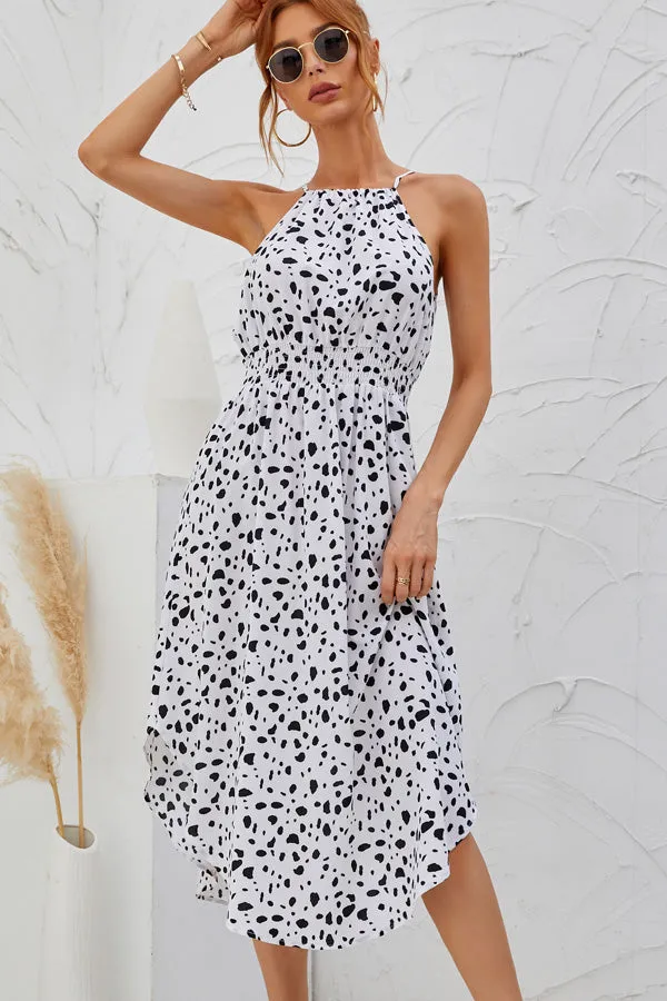 Beachsissi Dresses Women Dot Print Halter Neck Sleeveless Midi Dress White