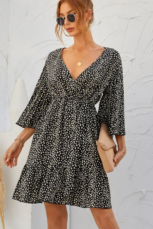 Beachsissi Dresses Women Dot Print V Neck Flared Sleeve Casual Dress Black