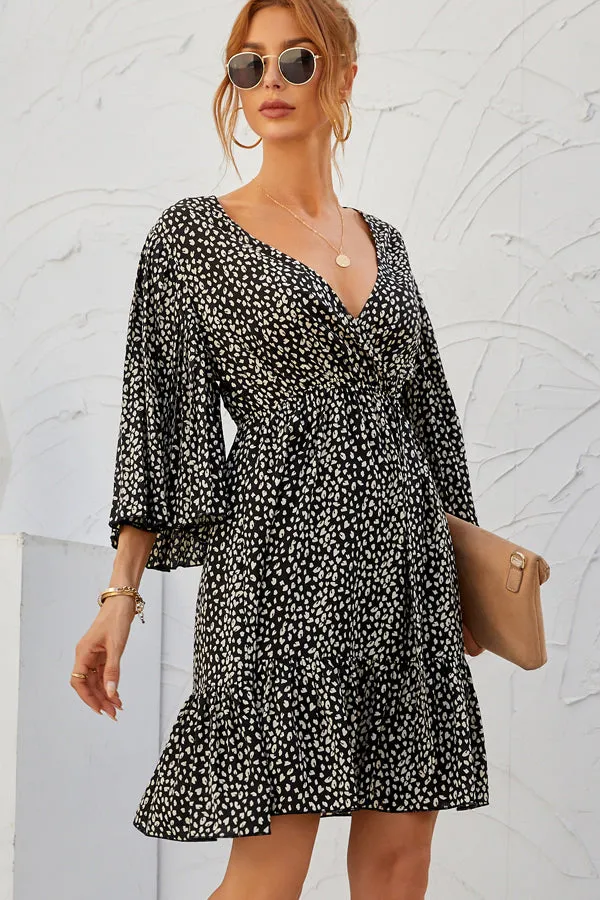 Beachsissi Dresses Women Dot Print V Neck Flared Sleeve Casual Dress Black