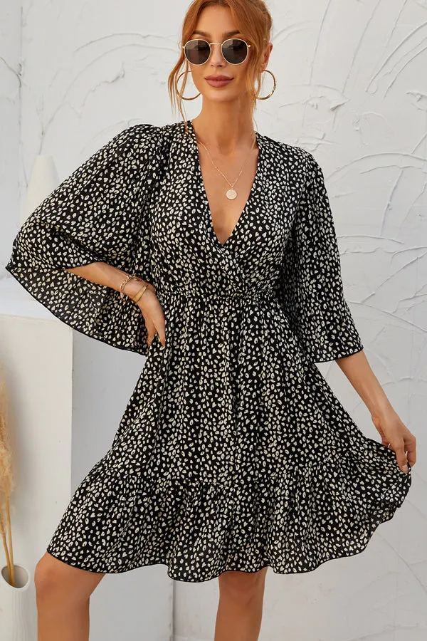 Beachsissi Dresses Women Dot Print V Neck Flared Sleeve Casual Dress Black