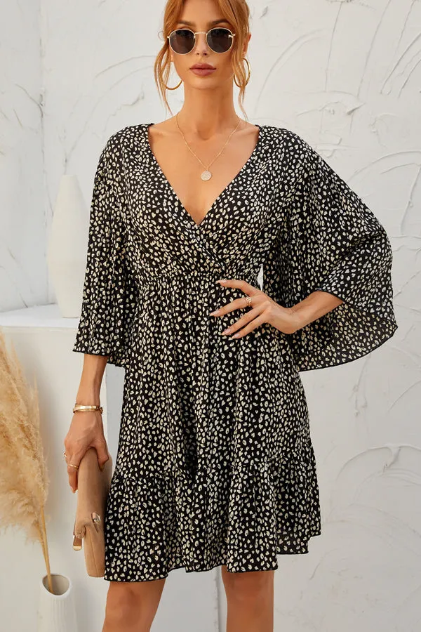 Beachsissi Dresses Women Dot Print V Neck Flared Sleeve Casual Dress Black
