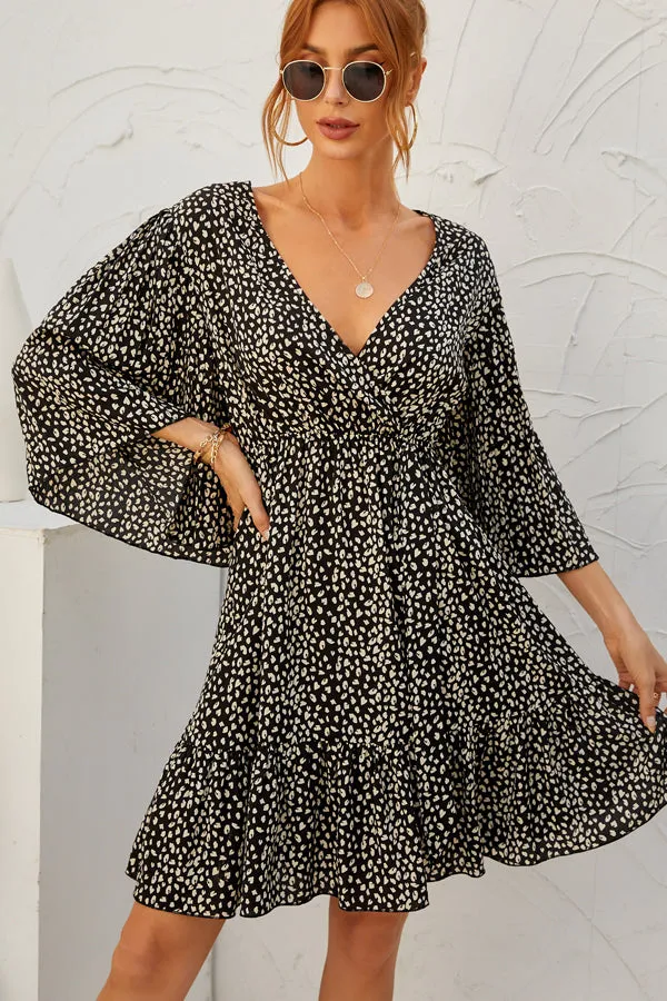 Beachsissi Dresses Women Dot Print V Neck Flared Sleeve Casual Dress Black
