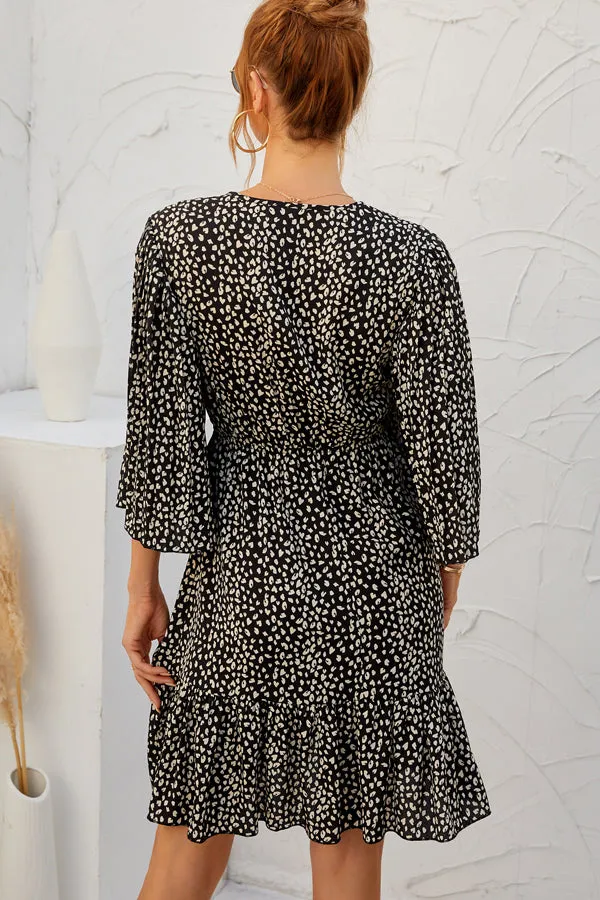 Beachsissi Dresses Women Dot Print V Neck Flared Sleeve Casual Dress Black