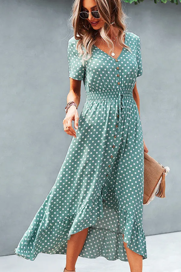 Beachsissi Dresses Women Dots Print High Waist V Neck Casual Dress Green