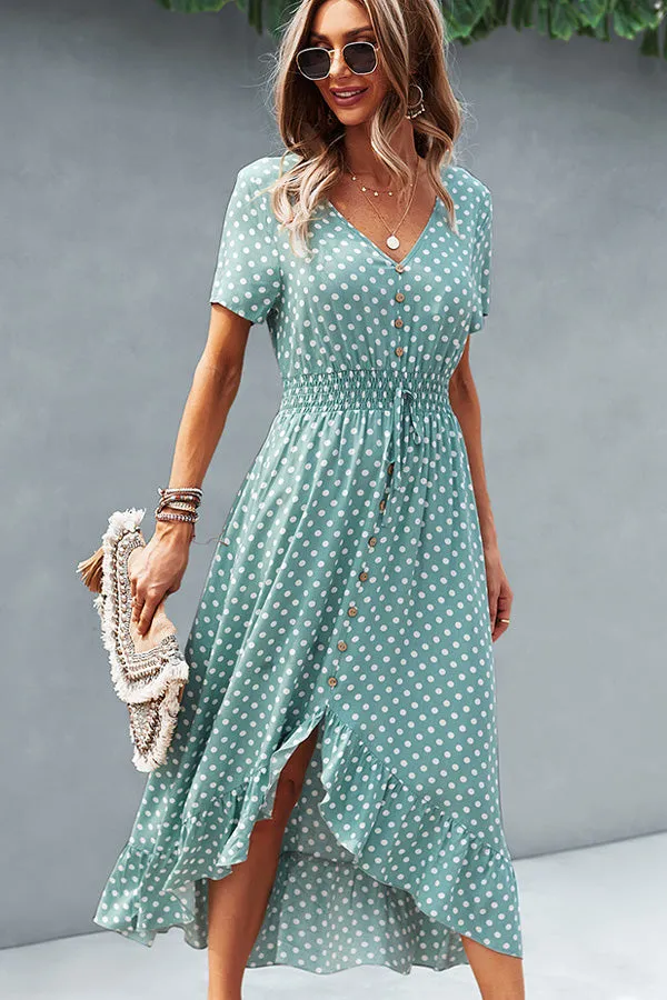 Beachsissi Dresses Women Dots Print High Waist V Neck Casual Dress Green