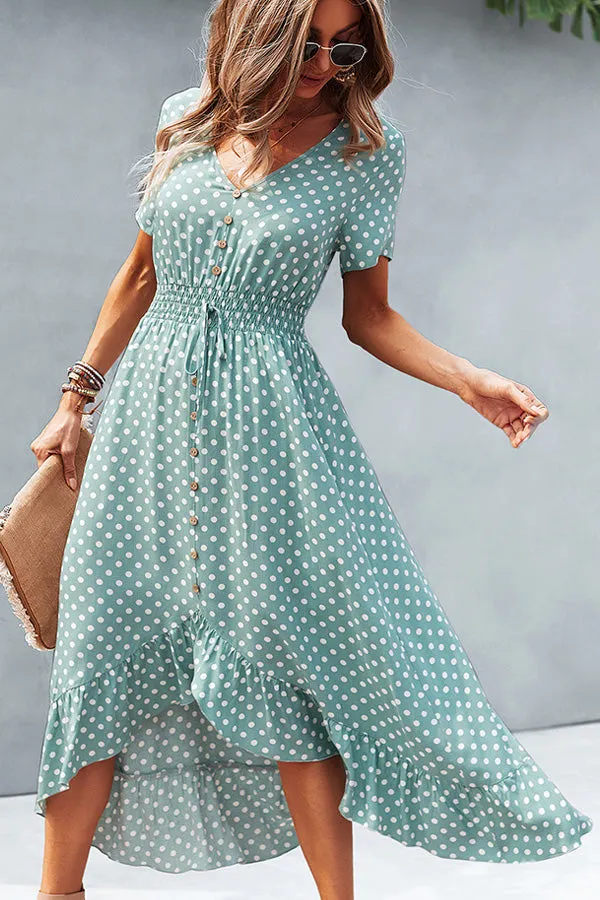 Beachsissi Dresses Women Dots Print High Waist V Neck Casual Dress Green