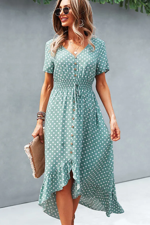 Beachsissi Dresses Women Dots Print High Waist V Neck Casual Dress Green