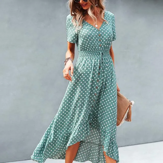 Beachsissi Dresses Women Dots Print High Waist V Neck Casual Dress Green