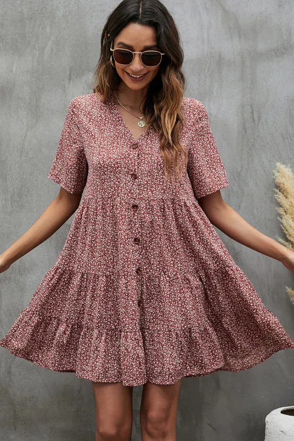 Beachsissi Dresses Women Fashion Button V Neck Mini Dress Rust Red
