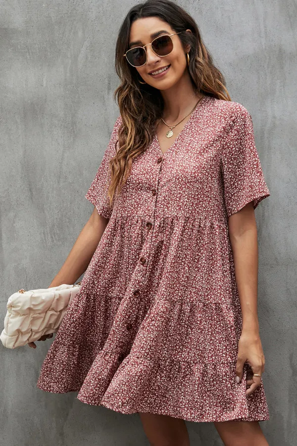 Beachsissi Dresses Women Fashion Button V Neck Mini Dress Rust Red