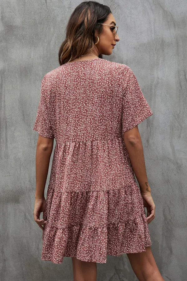 Beachsissi Dresses Women Fashion Button V Neck Mini Dress Rust Red