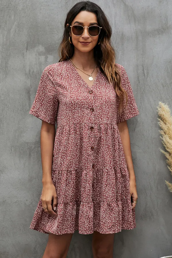 Beachsissi Dresses Women Fashion Button V Neck Mini Dress Rust Red