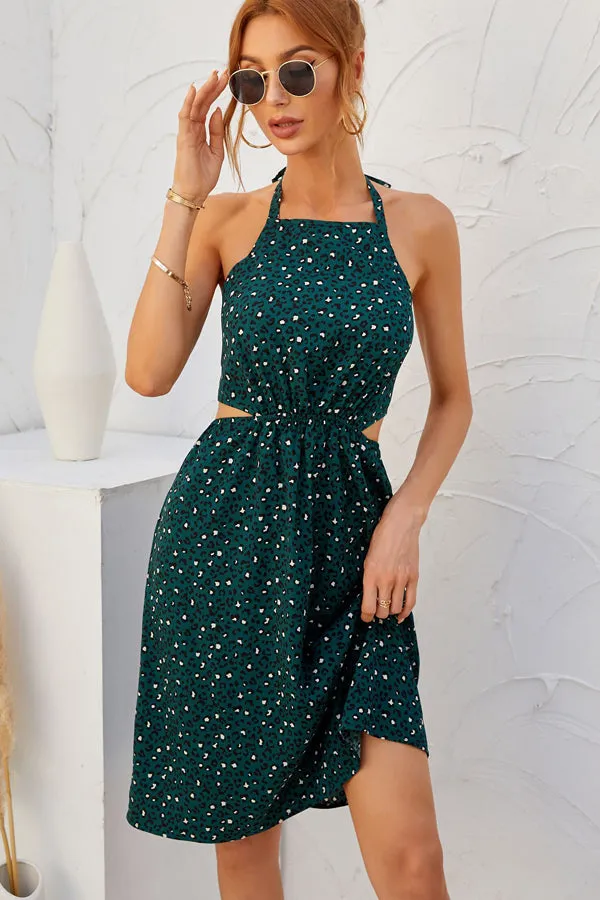 Beachsissi Dresses Women Fashion Leopard Print Halter Neck Backless Dress Green Beachsissi Dresses Women Fashion Leopard Print Halter Neck Backless Dress Green