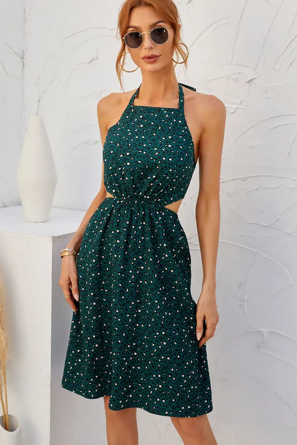 Beachsissi Dresses Women Fashion Leopard Print Halter Neck Backless Dress Green Beachsissi Dresses Women Fashion Leopard Print Halter Neck Backless Dress Green