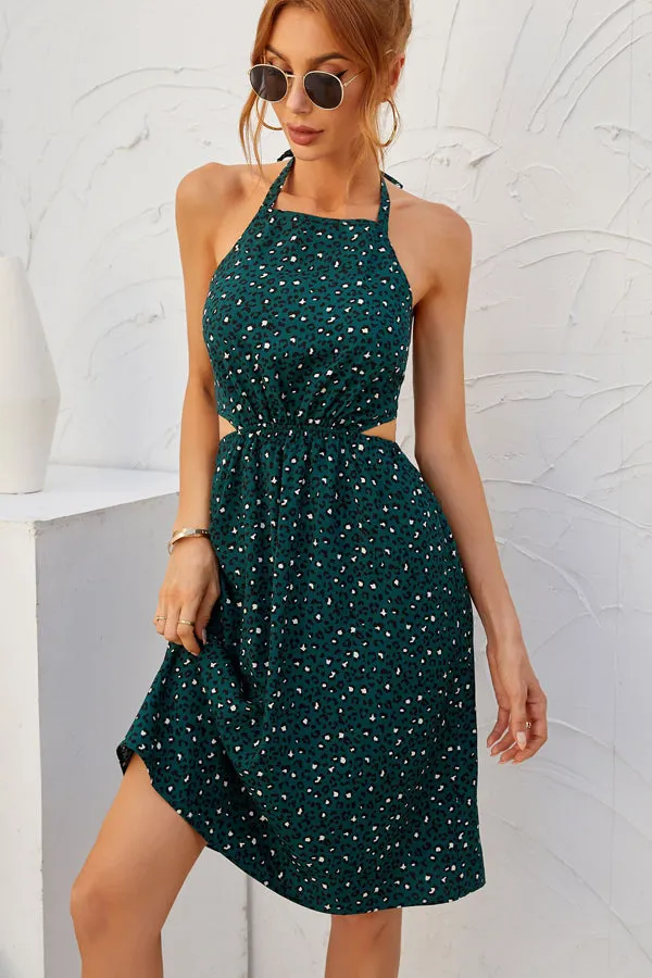 Beachsissi Dresses Women Fashion Leopard Print Halter Neck Backless Dress Green Beachsissi Dresses Women Fashion Leopard Print Halter Neck Backless Dress Green