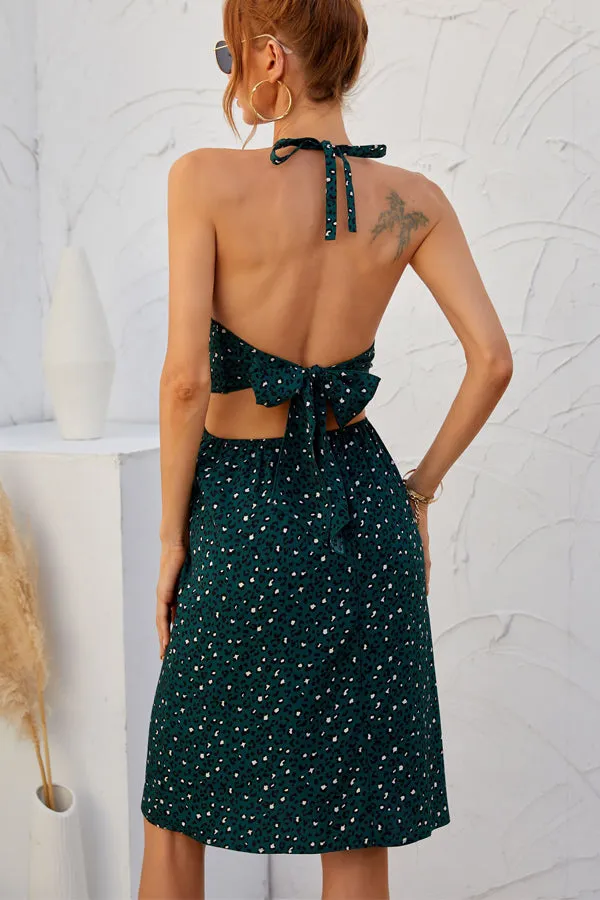 Beachsissi Dresses Women Fashion Leopard Print Halter Neck Backless Dress Green Beachsissi Dresses Women Fashion Leopard Print Halter Neck Backless Dress Green
