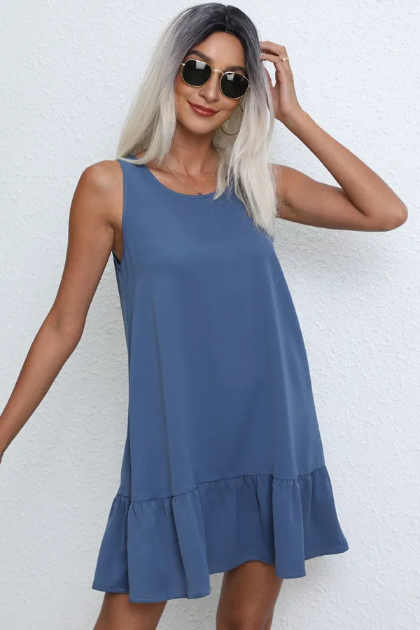 Beachsissi Dresses Women Fashion Solid Color Ruffle Hem Mini Dress Blue