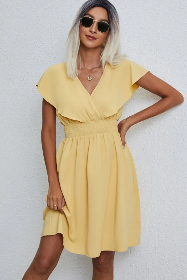 Beachsissi Dresses Women Fashion Solid Color V Neck Casual Dress Yellow