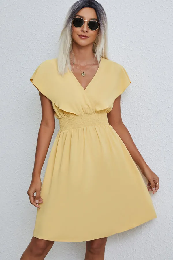 Beachsissi Dresses Women Fashion Solid Color V Neck Casual Dress Yellow