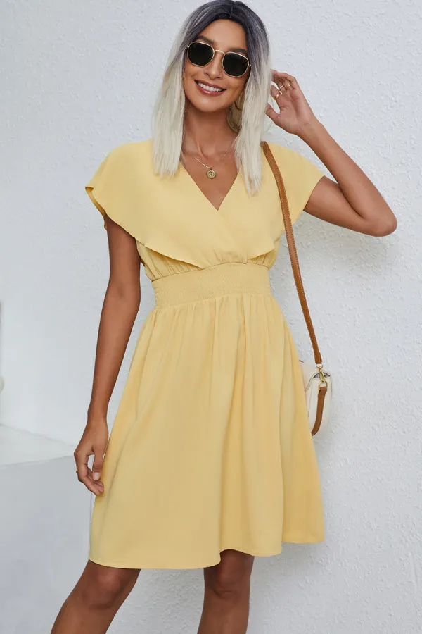 Beachsissi Dresses Women Fashion Solid Color V Neck Casual Dress Yellow